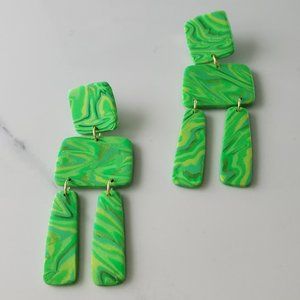 Green Groovy Statement Polymer clay earrings handmade Lightweight 2.5"